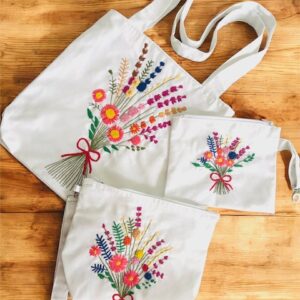 Hand- Embroidered Floral Cotton Tote & pouch set